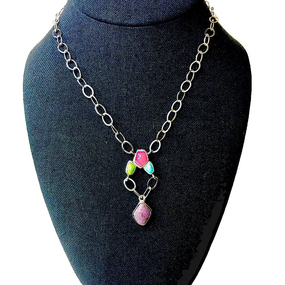 BARSE Sterling Silver Rolo Links Multi-Gem Stones Y-Drop Necklace 16 inches long